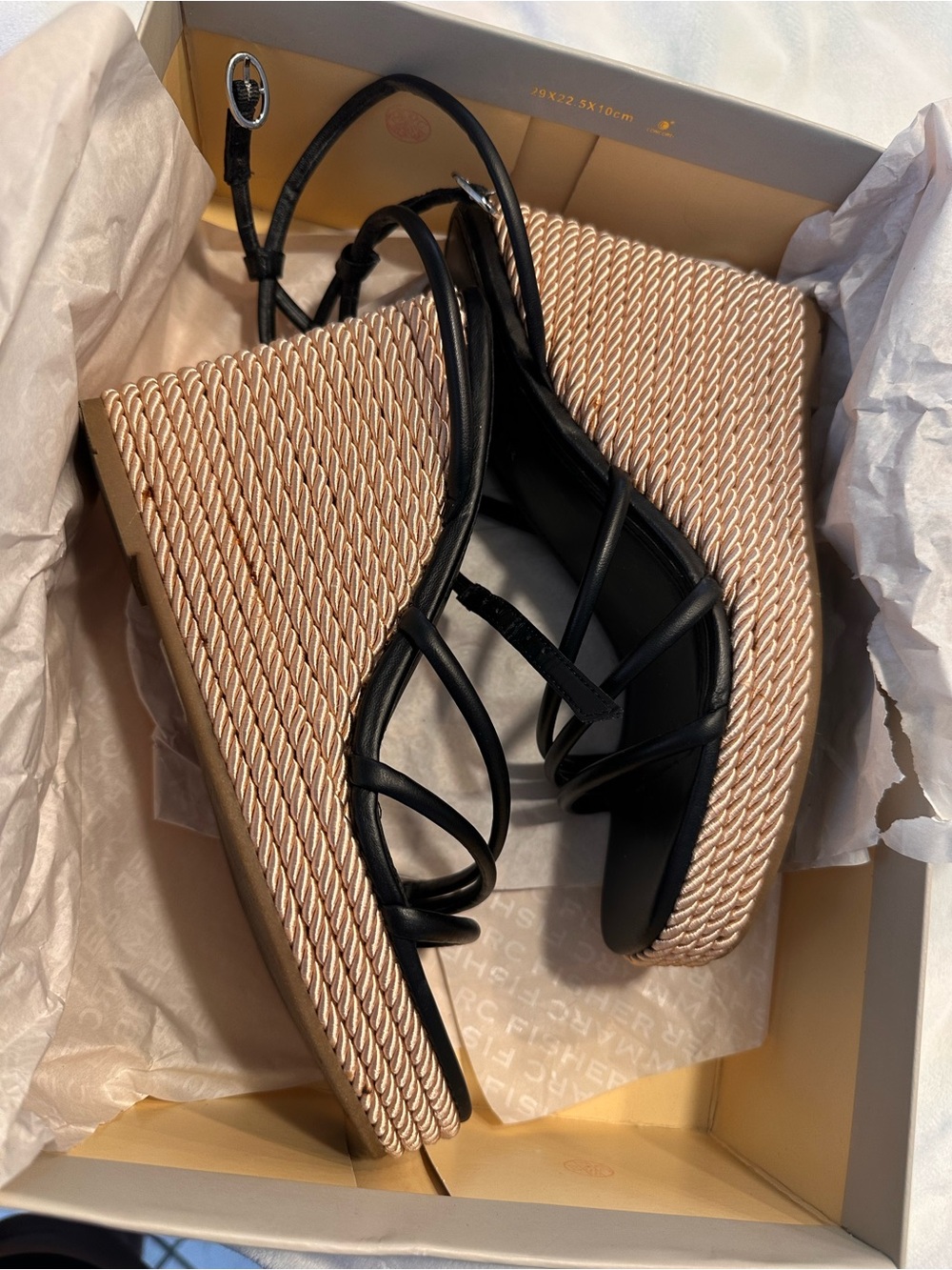 Marc Fisher Black Strappy Wedge Sandals with Natural Rope Platform